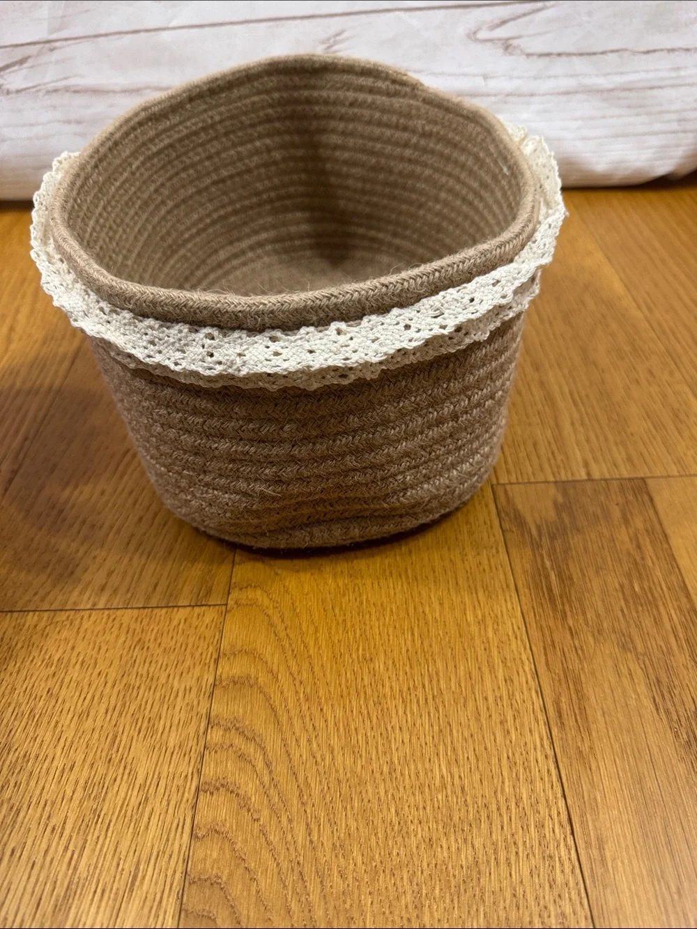 Small Brown Oval rope Storage Basket with Lace Trim